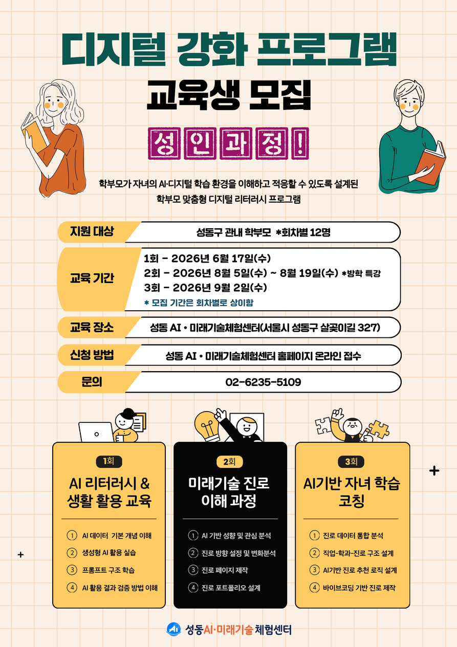 학부모가 자녀의 AI 디지털 학습 환경을 이해하고 적응할 수 있도록 설계된 학부모 맞춤형 디지털 리터러시 프로그램. 지원대상:성동구 관내 학부모. 회차별 12명. 교육기간:1회-26년 6월 17일 수요일. 2회 방학특강-26년 8월 5일 수요일~8월 19일 수요일. 3회-26년 9월 2일 수요일. 모집 기간은 회차별로 상이함. 교육 장소:성동 AI 미래기술체험센터. 서울시 성동구 살곶이길 327. 신청 방법:성동 AI 미래기술체험센터 홈페이지 온라인 접수. 문의:02-6235-5109. 교육내용:1회 AI 리터러시, 생활활용 교육:AI 데이터 기본 개념 이해, 생성형 AI 활용 실습, 프롬프트 구조 학습. 2회 미래기술 진로 이해 과정:AI 기반 성향 및 관심 분석, 진로 방향 설정 및 변화분석, 진로 페이지 제작, 진로 포트폴리오 설계. 3회 AI기반 자녀 학습 코칭:진로 데이터 통합 분석, 직업-학과-진로 구조 설계, AI기반 진로 추천 로직 설계, 바이브코딩 기반 진로 제작
